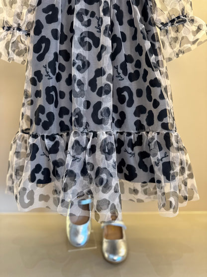 Vestido Infantil Rodado Tule Esclusivo Animal Print Aplicação Laço Strass - Luluzinha