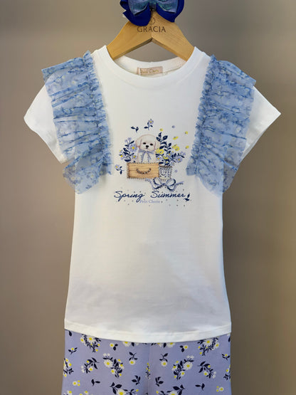 Conjunto Infantil Blusa Mangas Tule e Calça Legging Estampada - Petit Cherie