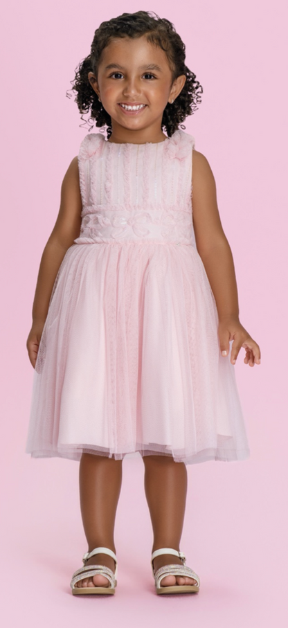 Vestido Infantil Bordado Saia Em Tule Rosa - Petit Cherie