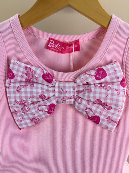 Conjunto Infantil Regata Cropped Laço Puffer Barbie Rosa e Shorts Babado Balonê Rosa Xadrez - Pituchinhus