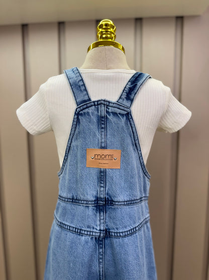 Jardineira Infantil Jeans Maxi Laço com Blusa Básica Off White - Momi