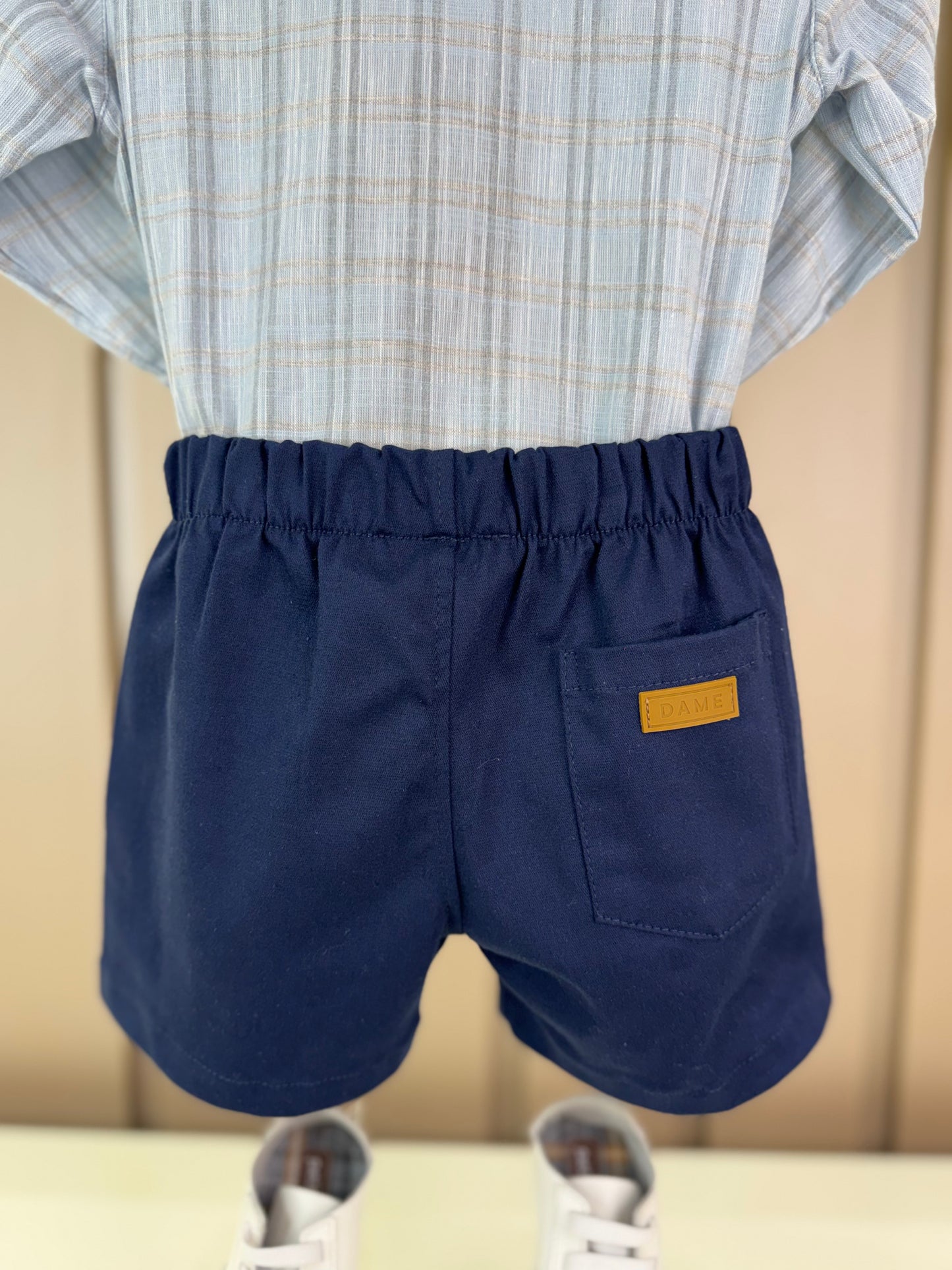 Conjunto Bebê Camisa-Body Algodão Xadrez ML Azul e Bermuda Social Marinho - Dame