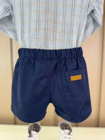 Conjunto Bebê Camisa-Body Algodão Xadrez ML Azul e Bermuda Social Marinho - Dame