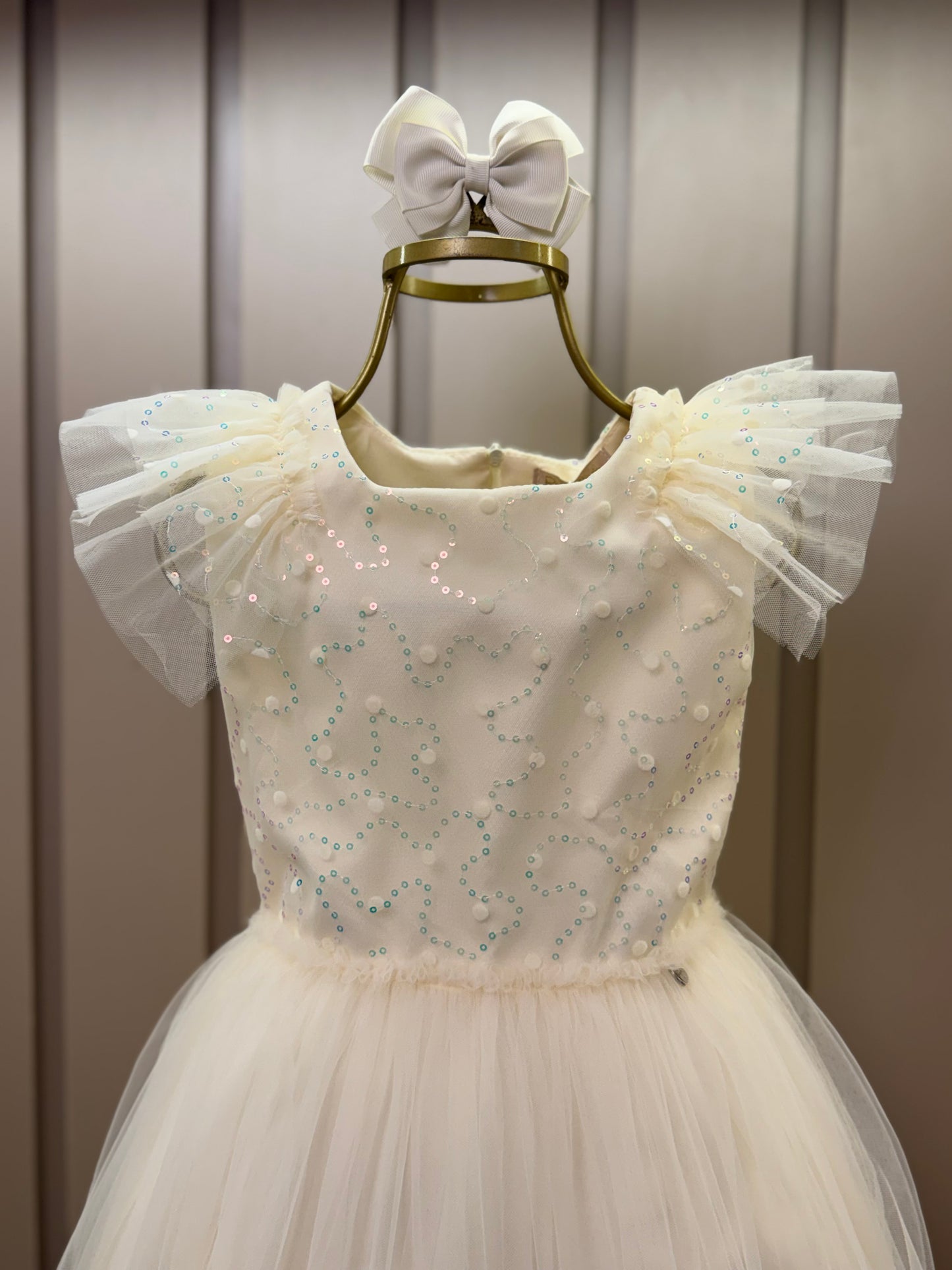Vestido Infantil Festa Tule Bordado Flocado Busto Amarelo - Petit Cherie