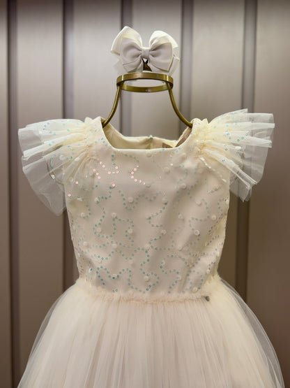 Vestido Infantil Festa Tule Bordado Flocado Busto Amarelo - Petit Cherie
