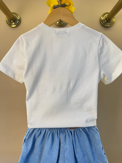 Conjunto Infantil Blusa Limões Com Strass e Shorts Saia Jeans Com Pregas - Momi