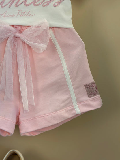 Conjunto Infantil Blusa Perolada Ballet Core Shorts e Laço Rosa - Animê Petite