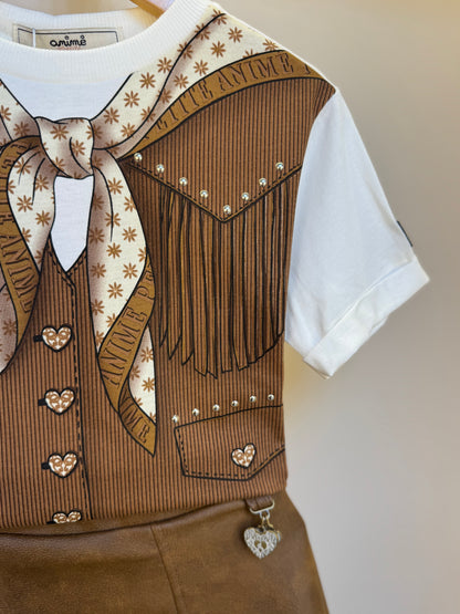 Conjunto Infantil Blusa Estampa Colete Lenço e Saia De Couro Tech Marrom - Animê