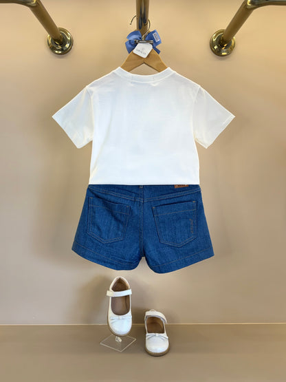 Conjunto Infantil Blusa Minnie Love e Shorts Jeans Bordada Tule Flores - Animê