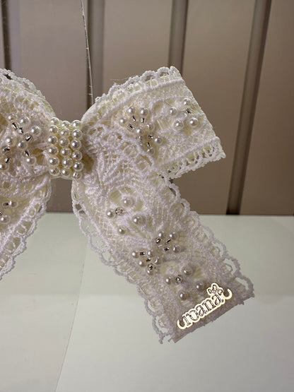Presilha Infantil Marfim Laço Renda Bordado Com Pérolas e Strass - Roana