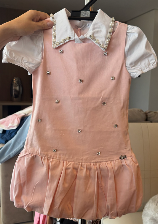 Vestido Infantil Ballet Com Cristais Rosa Com Camisa Gola Cristais Branca - Gabriela Aquarela
