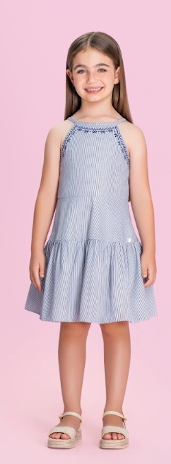 Vestido Infantil Listrado Com Bordados e Saia Evasê - Petit Cherie
