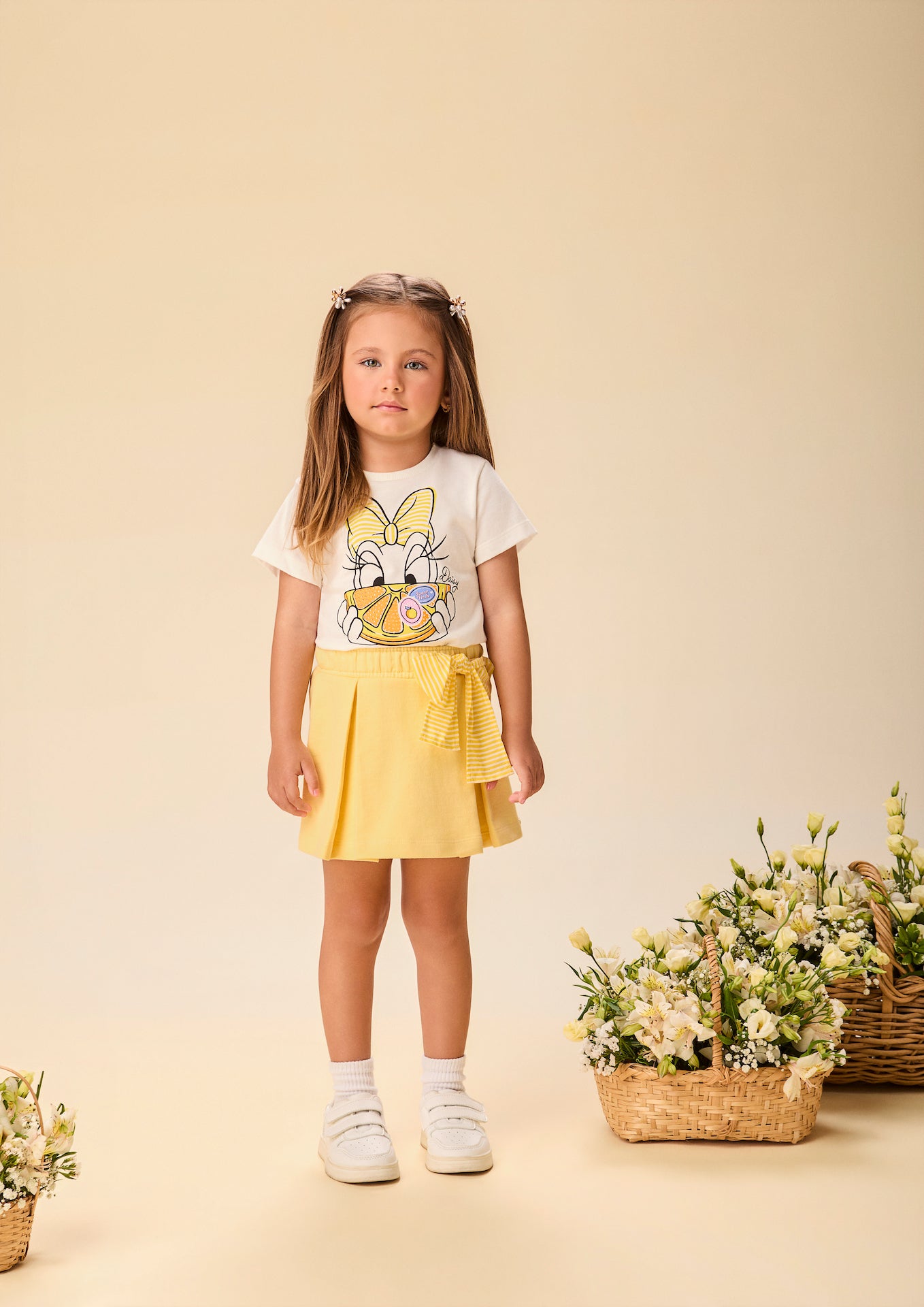 Conjunto Infantil Blusa Daisy Duck Sweet e Shorts Saia Infantil Com Pregas Butter Cream - Momi