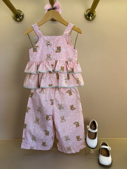 Conjunto Infantil Blusa Algodão Estampa Ursinhos Com Babados Lacinhos e Calça Pantacourt  - Pituchinhus