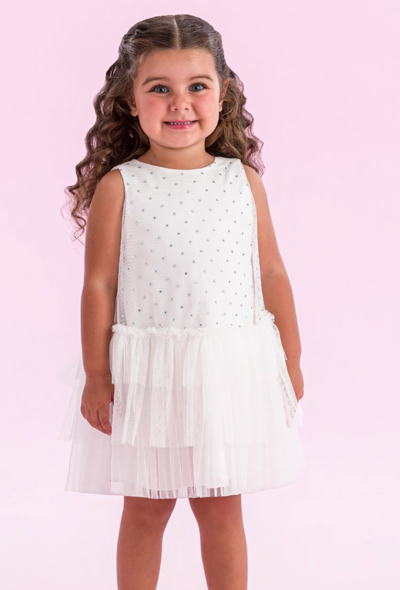 Vestido Infantil Trapézio Tule Strass Babados Off - Petit Cherie