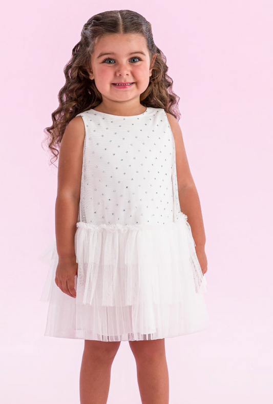 Vestido Infantil Trapézio Tule Strass Babados Off - Petit Cherie PRÉ-VENDA