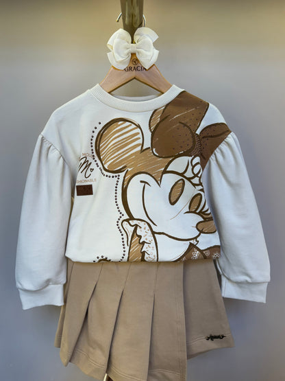 Conjunto Infantil  Casaco Moletom Minnie Paisley Laço Strass e Saia-Short com Pregas - Animê