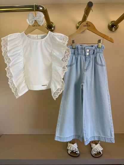 Conjunto Infantil Blusa Bordado Inglês e Calça Jeans Cós Clochard - Momi