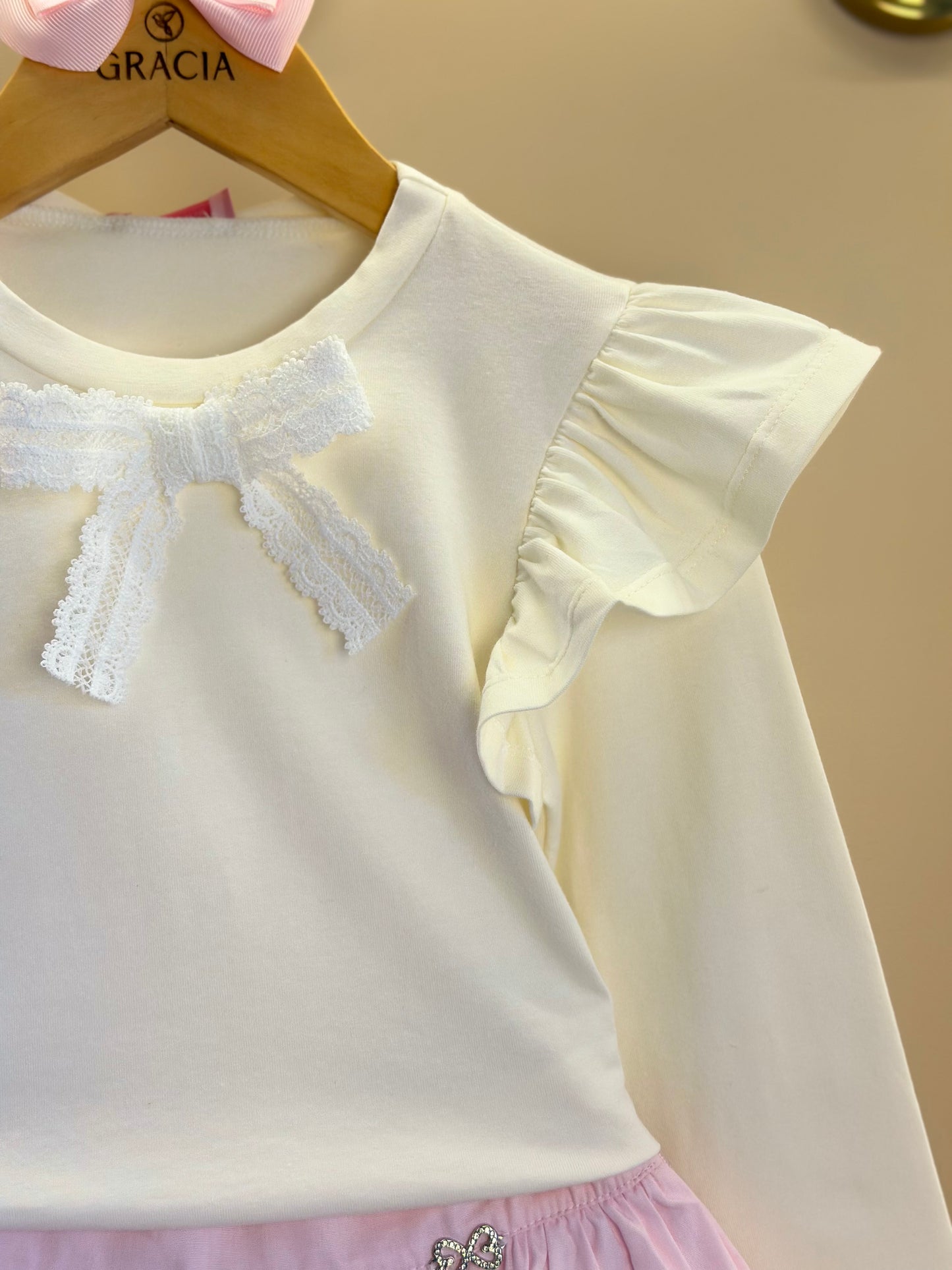 Conjunto Infantil Blusa ML Lacinho Branca e Shorts Balonê Rosa Claro - Luluzinha