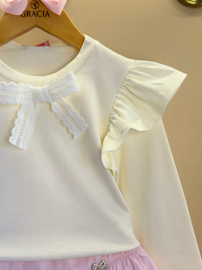 Conjunto Infantil Blusa ML Lacinho Branca e Shorts Balonê Rosa Claro - Luluzinha