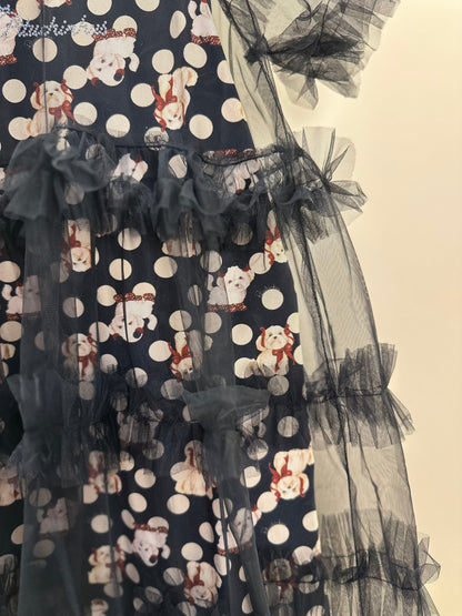 Vestido Infantil Tule Babados Poá Cachorrinhos - Pituchinhus
