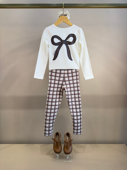 Conjunto Infantil Blusa Off White Estampa Laços E Legging Tricot Xadrez Marrom -  Pituchinhus