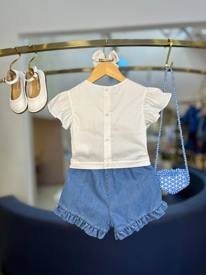 Conjunto Infantil Blusa de Algodão Bordado e Shorts Jeans - Luluzinha