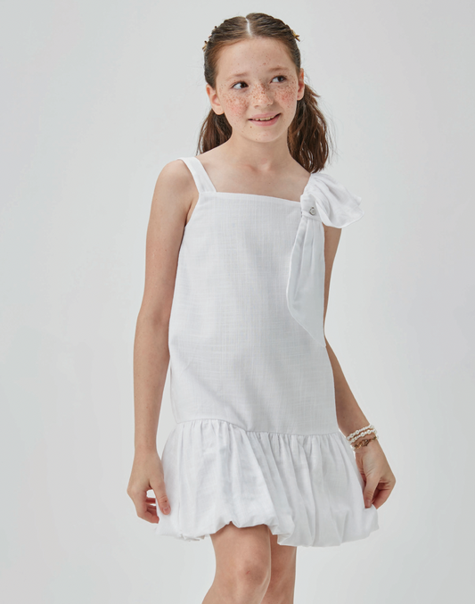 Vestido Infantil Jumper Balonê com Laço Branco - Um Mais Um PRÉ-VENDA