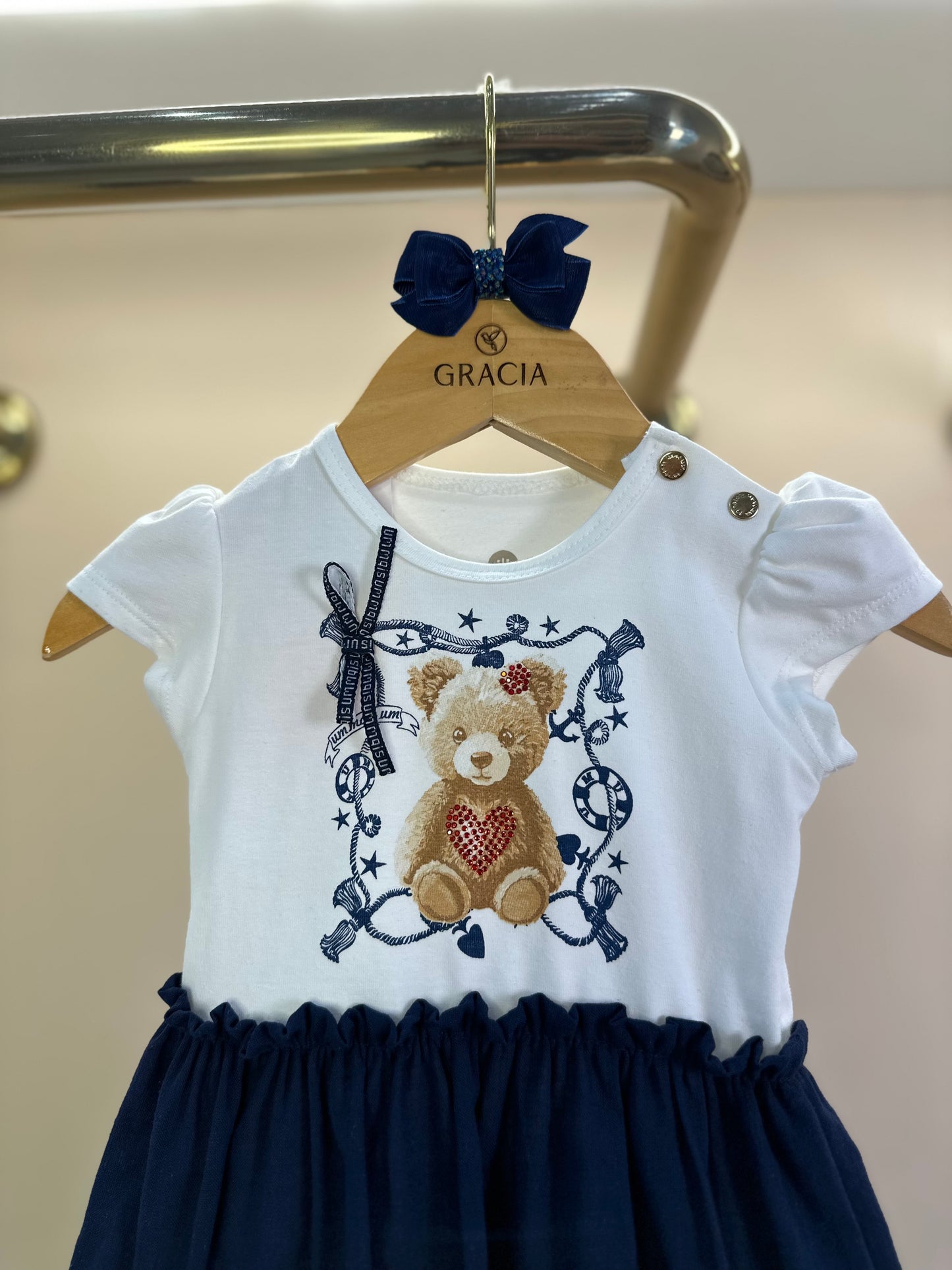 Vestido-body Bebê Algodão Ursinha Saia Linho Marinho - Um Mais Um