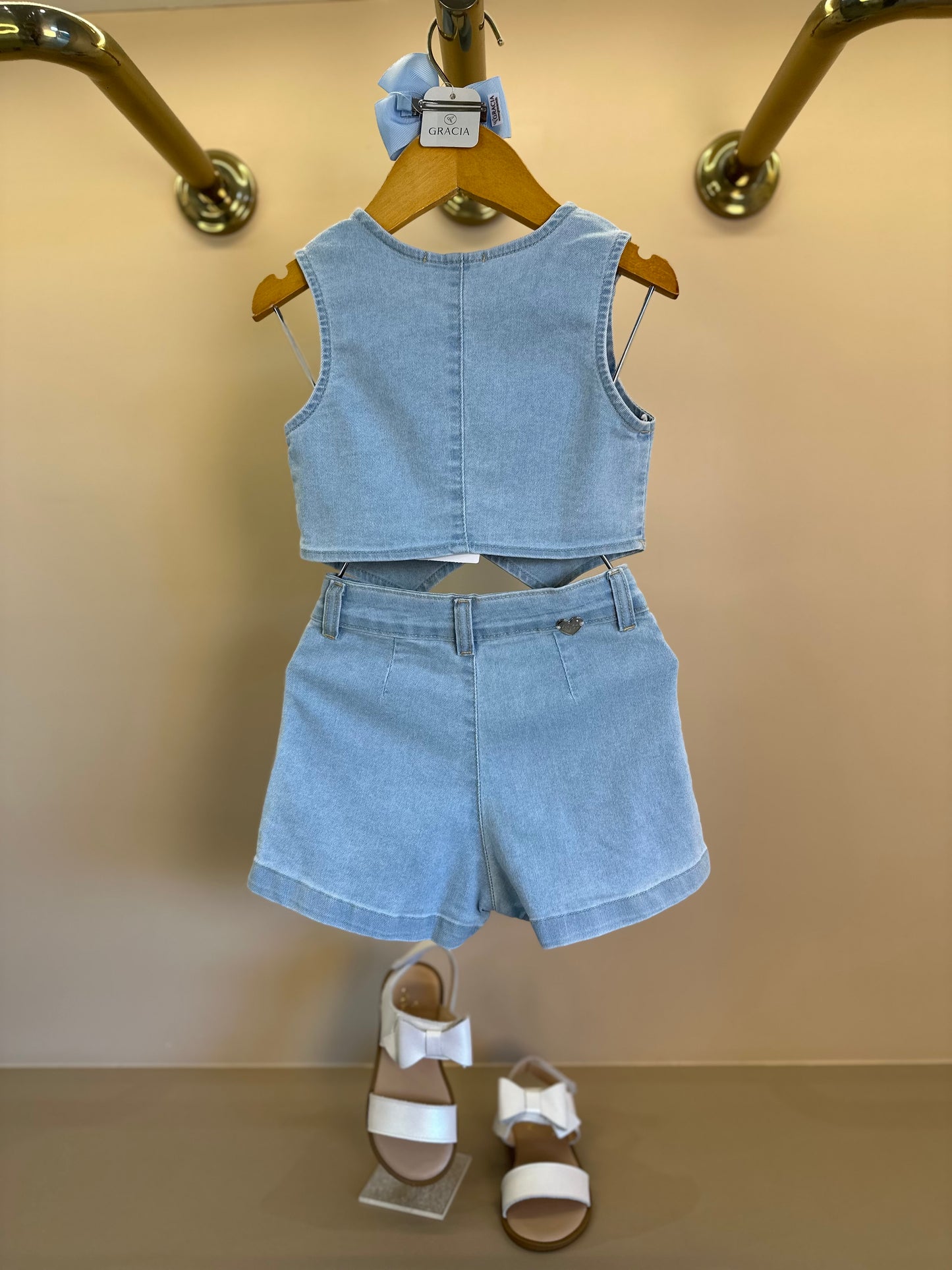 Conjunto Infantil Jeans Colete Brilho e Shorts - Gabriela Aquarela