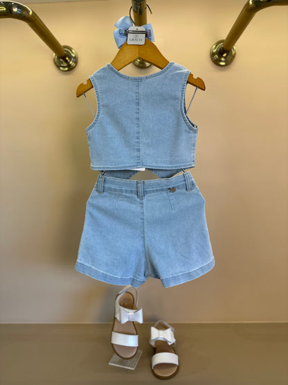 Conjunto Infantil Jeans Colete Brilho e Shorts - Gabriela Aquarela