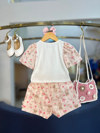 Conjunto Infantil Blusa Flores Crochê e Shorts Flores & Ursinhas - Pituchinhus