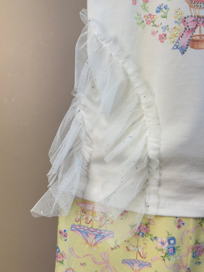 Conjunto Infantil Blusa Strass Em Tule e Calça Legging Estampada - Petit Cherie