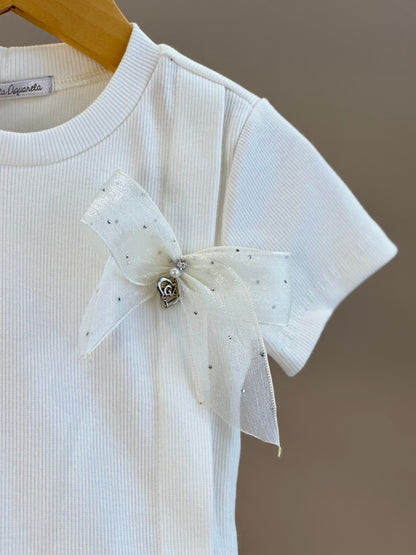 Conjunto Infantil Camiseta Off White Lacinho Tule e Calça Wide Leg Cargo Bege - Gabriela Aquarela