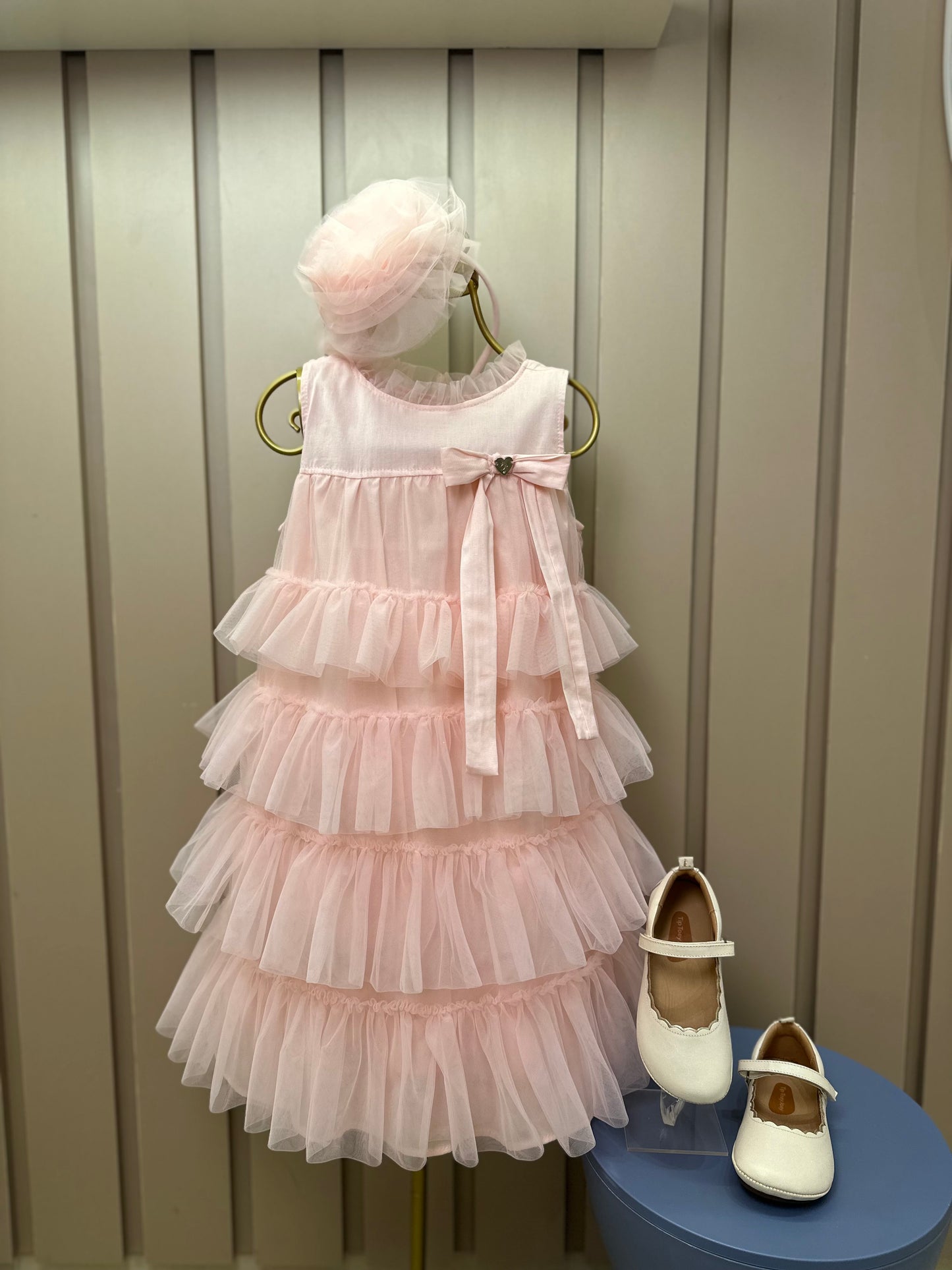 Vestido Infantil Tule Camadas Babados Laço Rosa Fada - Pituchinhus