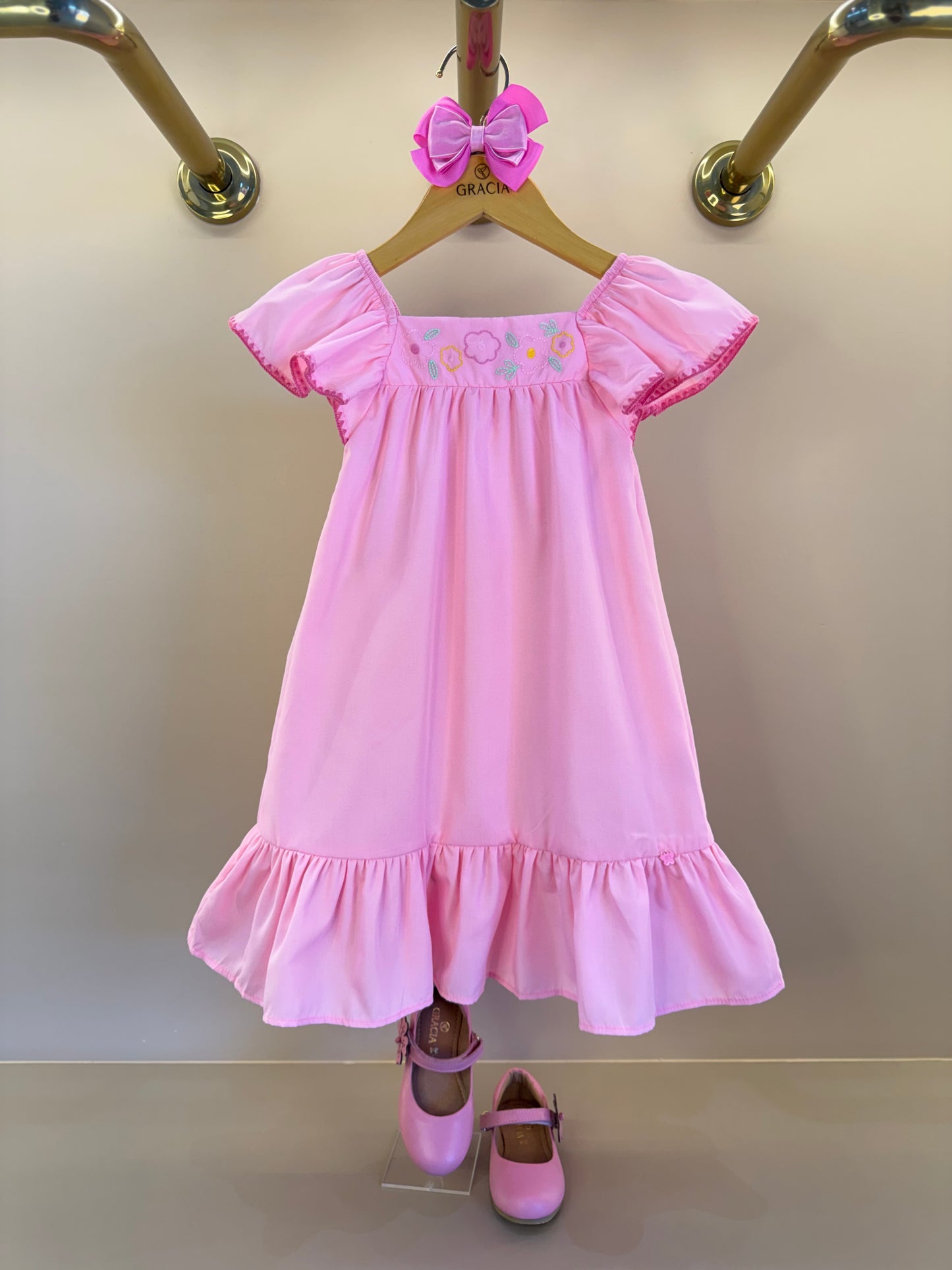 Vestido Infantil Amplo Rosa Bordadinhos Flores Busto - Mon Sucré