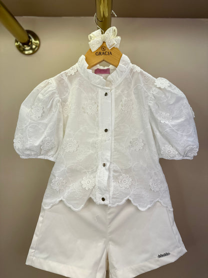 Conjunto Infantil Camisa Laise 3D com Barrado e Shorts Alfaiataria - Luluzinha