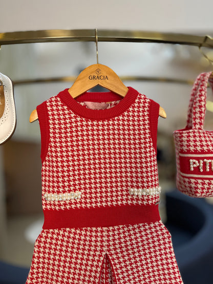 Conjunto Infantil Colete e Saia Tricot Pied Poule Prega - Pituchinhus