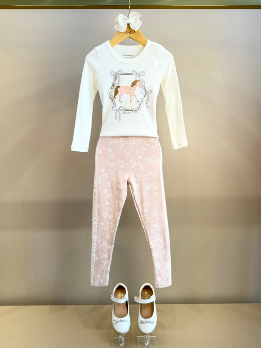 Conjunto Infantil Blusa Off White Cavalinho Cristal E Legging Tricot Floral Rosa - Pituchinhus
