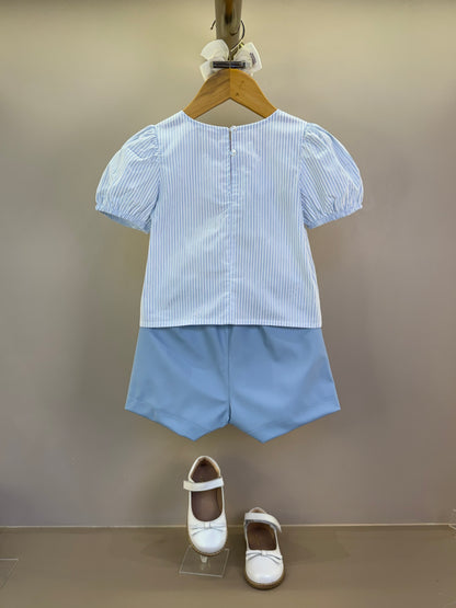 Conjunto Infantil Saia Like Leather Com Lacinhos E Blusa Listrada Azul - Gabriela Aquarela
