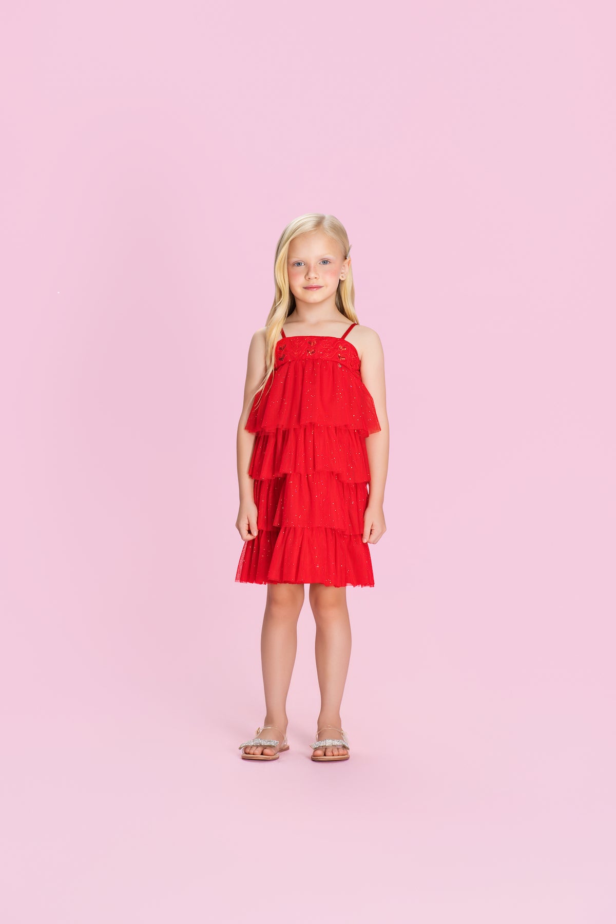 Vestido Infantil Babados Em Camadas Com Paetês Vermelho - Petit Cherie