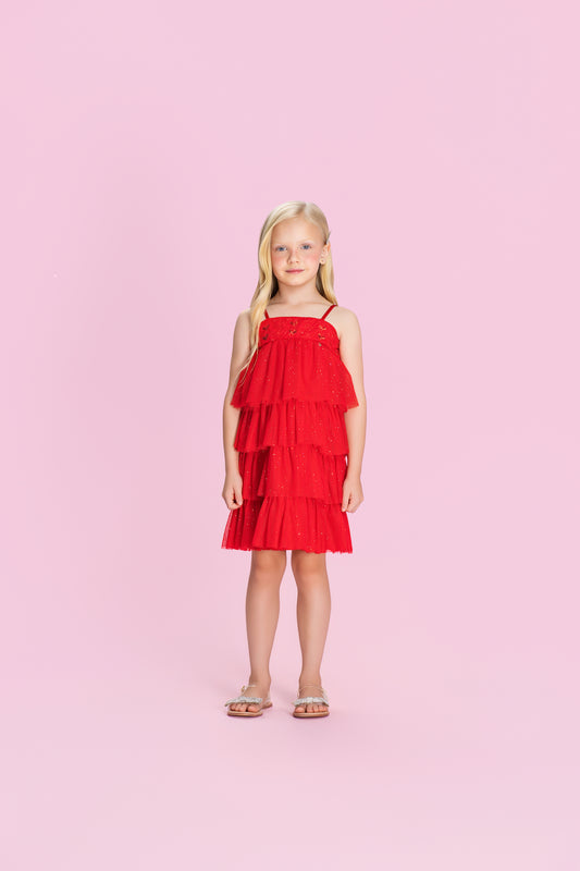Vestido Infantil Babados Em Camadas Com Paetês Vermelho - Petit Cherie