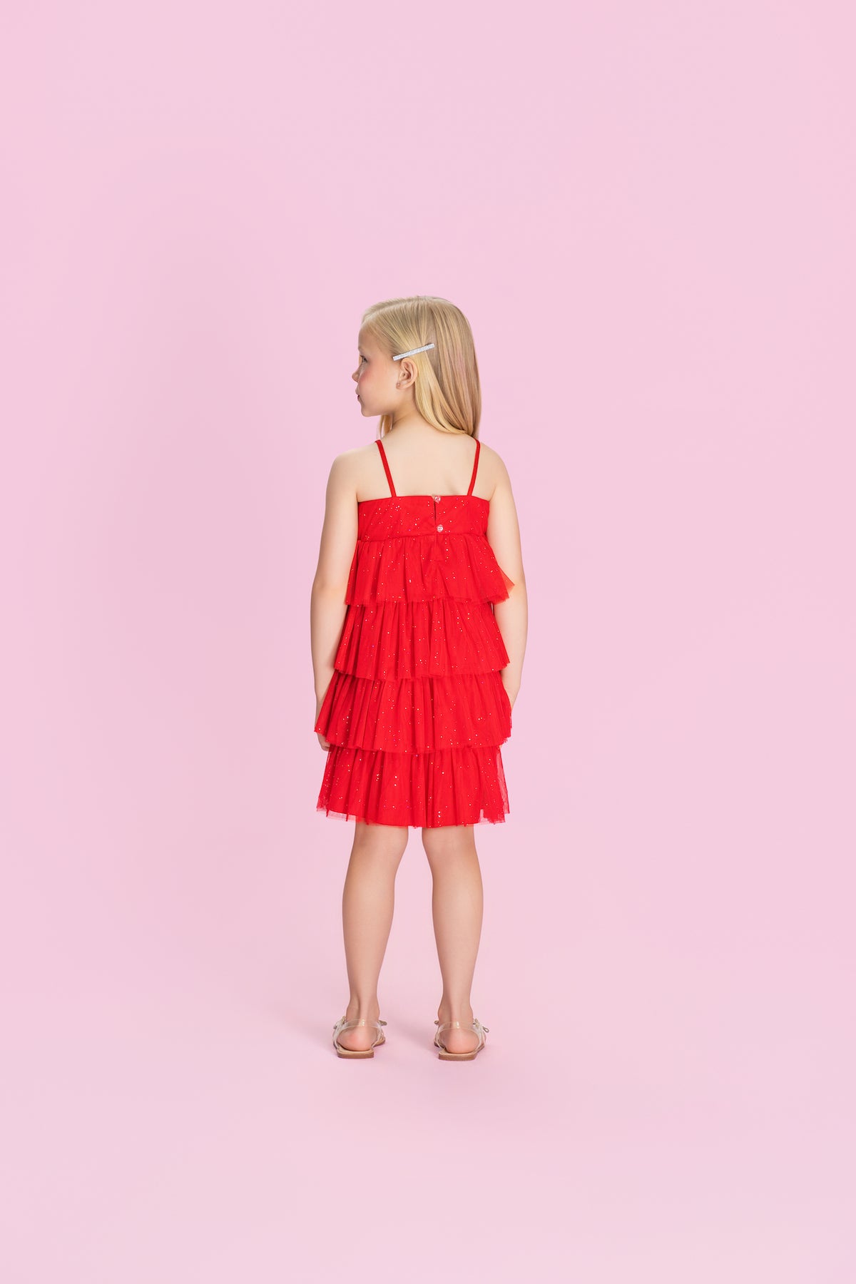 Vestido Infantil Babados Em Camadas Com Paetês Vermelho - Petit Cherie