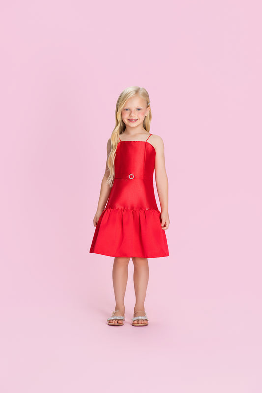 Vestido Infantil Acetinado Saia Babado Vermelho - Petit Cherie