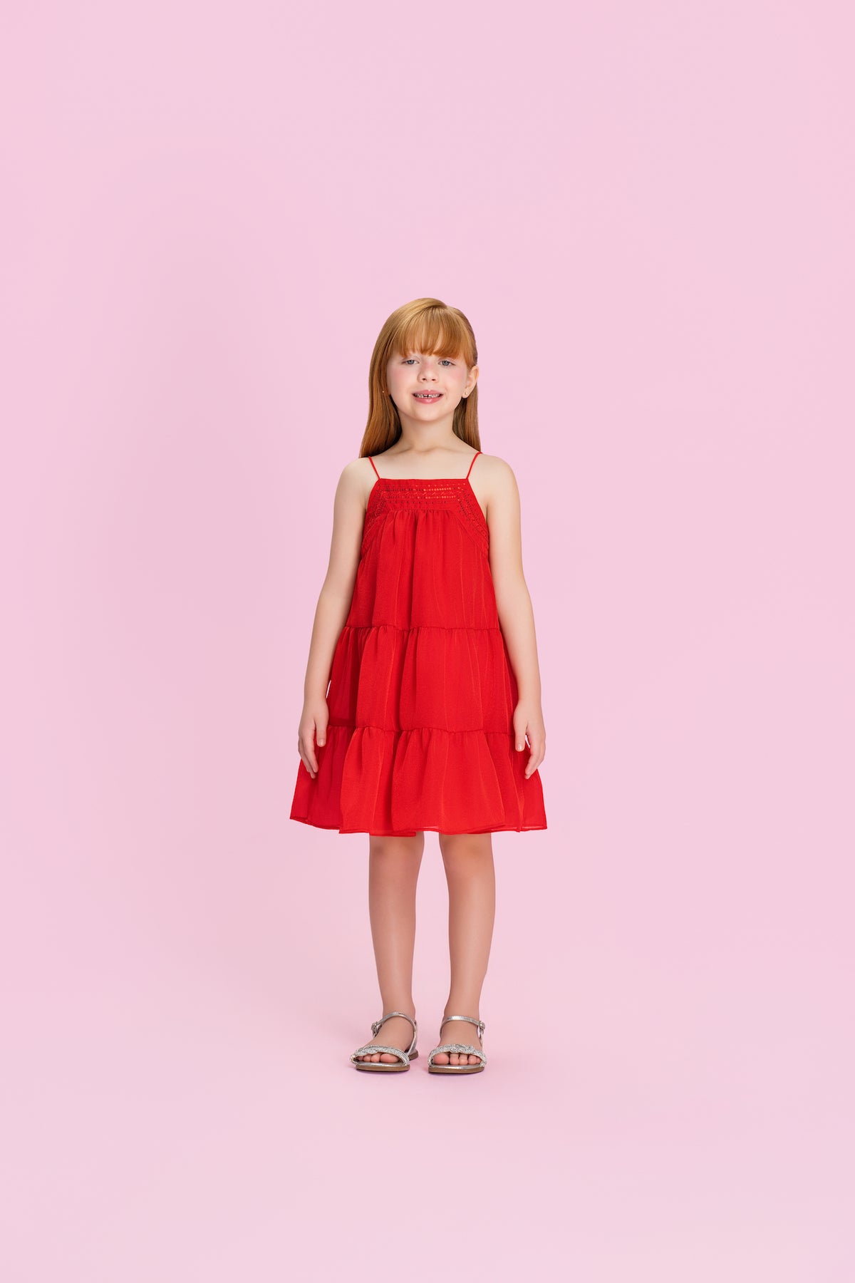 Vestido Infantil Bordado Alça Fina Vermelho - Petit Cherie
