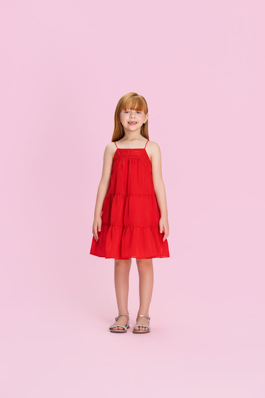 Vestido Infantil Bordado Alça Fina Vermelho - Petit Cherie