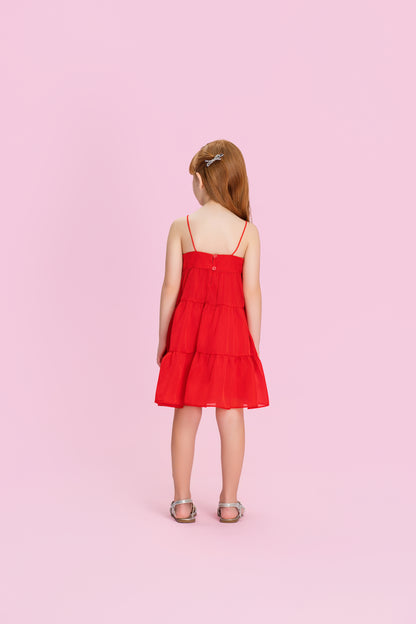 Vestido Infantil Bordado Alça Fina Vermelho - Petit Cherie