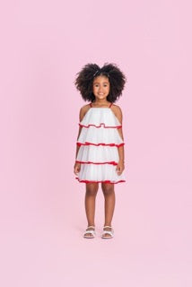 Vestido Infantil Branco Com Babados Em Tule e Detalhes Vermelho - Petit Cherie - Pré Venda