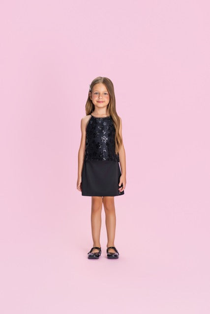 Conjunto Infantil Preto Blusa Com Paetês Brilhantes e Saia - Petit Cherie - Pré Venda