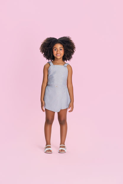 Conjunto Infantil Azul Marinho Listrado Blusa Com Laços Nos Ombros e Shorts Saia - Petit Cherie